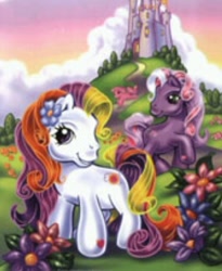 Size: 658x803 | Tagged: safe, sunny daze (g3), wysteria, earth pony, pony, g3, official, blurry, book cover, castle, cover, flower, outdoors, sunset