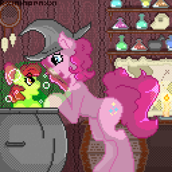 Size: 1280x1280 | Tagged: safe, artist:rainihorn, apple bloom, pinkie pie, earth pony, pony, pinkie's brew, g4, bottle, bow, cauldron, female, hat, map, mare, pixel art