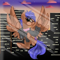 Size: 1000x1000 | Tagged: safe, artist:jen-neigh, oc, oc only, oc:odyssey flash, pegasus, pony, city, cityscape, clothes, female, hoodie, solo, underhoof, wallpaper, window