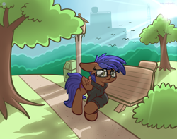 Size: 3250x2560 | Tagged: safe, artist:php142, oc, oc only, oc:odyssey flash, pegasus, pony, bench, bush, city, clothes, day, eyelashes, female, floppy ears, folded wings, glasses, high res, hoodie, outdoors, park, shading, sky, smiling, solo, sun, tree, wings