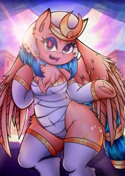 Size: 2910x4096 | Tagged: safe, artist:canvymamamoo, somnambula, pegasus, semi-anthro, g4, arm hooves, belly button, breasts, chest fluff, clothes, crepuscular rays, ear fluff, egyptian, egyptian headdress, egyptian pony, eyeshadow, female, frog (hoof), looking at you, makeup, open mouth, smiling, socks, solo, stockings, thigh highs, underhoof, wrapping
