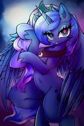 Size: 2747x4096 | Tagged: safe, artist:canvymamamoo, princess luna, alicorn, semi-anthro, :p, belly button, breasts, chest fluff, ear fluff, female, hoof shoes, jewelry, lidded eyes, peytral, regalia, smiling, solo, tongue out