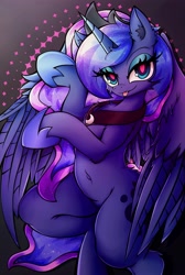 Size: 2747x4096 | Tagged: safe, alternate version, artist:canvymamamoo, princess luna, alicorn, semi-anthro, g4, :p, abstract background, arm hooves, belly button, chest fluff, ear fluff, female, hoof shoes, jewelry, lidded eyes, peytral, regalia, smiling, solo, tongue out