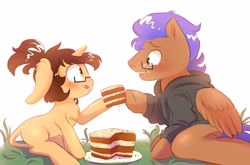 Size: 3522x2324 | Tagged: safe, artist:482egg, oc, oc:kitbasher, oc:odysseyflash, pegasus, pony, unicorn, cake, clothes, food, glasses, high res, hoodie, looking into each others eyes, smiling