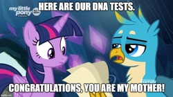 Size: 888x499 | Tagged: safe, edit, edited screencap, screencap, gallus, twilight sparkle, alicorn, griffon, pony, g4, uprooted, alternate universe, caption, discovery family logo, dna test, duo, female, image macro, male, meme, mother and child, mother and son, parent:twilight sparkle, text, twilight sparkle (alicorn)