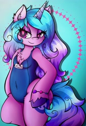 Size: 2793x4096 | Tagged: safe, alternate version, artist:canvymamamoo, izzy moonbow, unicorn, semi-anthro, g5, my little pony: a new generation, abstract background, arm hooves, belly button, chest fluff, clothes, ear fluff, female, lidded eyes, one-piece swimsuit, smiling, solo, stupid sexy izzy moonbow, swimsuit, unshorn fetlocks