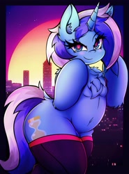 Size: 3024x4096 | Tagged: safe, artist:canvymamamoo, minuette, unicorn, semi-anthro, g4, arm hooves, belly button, blushing, chest fluff, city, clothes, ear fluff, female, frog (hoof), looking at you, raised eyebrow, retrowave, smiling, socks, solo, stockings, thigh highs, underhoof