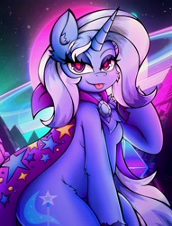 Size: 3137x4096 | Tagged: safe, artist:canvymamamoo, trixie, unicorn, semi-anthro, g4, arm hooves, blushing, breasts, cape, chest fluff, clothes, ear fluff, female, high res, lidded eyes, looking at you, mare, retrowave, saturn, smiling, smiling at you, solo, tongue out, trixie's cape, unshorn fetlocks