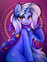 Size: 3137x4096 | Tagged: safe, alternate version, artist:canvymamamoo, trixie, unicorn, anthro, g4, abstract background, arm hooves, blushing, breasts, cape, chest fluff, clothes, ear fluff, female, lidded eyes, looking at you, smiling, solo, tongue out, trixie's cape, unshorn fetlocks