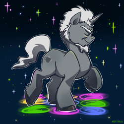 Size: 2048x2048 | Tagged: safe, artist:pfeffaroo, alphabittle blossomforth, pony, unicorn, g5, my little pony: a new generation, beard, dancing, eyes closed, facial hair, high res, just prance, male, solo, stallion