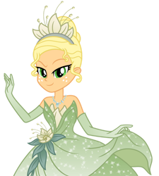 Size: 1024x1139 | Tagged: safe, artist:emeraldblast63, applejack, equestria girls, g4, applejack also dresses in style, bare shoulders, beautiful, clothes, clothes swap, disney, disney princess, dress, evening gloves, gloves, gown, long gloves, princess tiana, sleeveless, solo, strapless, the princess and the frog, tiana