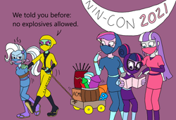 Size: 2096x1432 | Tagged: safe, artist:bugssonicx, dean cadance, princess cadance, sci-twi, trixie, twilight sparkle, twilight velvet, human, equestria girls, g4, alternate clothes, annoyed, arm behind back, bondage, brightly colored ninjas, cleave gag, cloth gag, explosives, female, gag, group, hair bun, kunoichi, mask, mother and child, mother and daughter, ninja, ponytail, rope, sandals, security guard, tied up