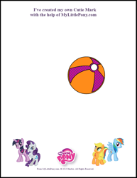 Size: 612x792 | Tagged: safe, applejack, rainbow dash, rarity, twilight sparkle, g4, ball, beach ball, cutie mark, logo