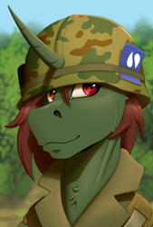 Size: 2000x2962 | Tagged: safe, artist:twotail813, oc, oc only, oc:aero glade, pony, unicorn, bust, clothes, helmet, high res, horn, looking at you, military uniform, smiling, smiling at you, solo, unicorn oc, uniform