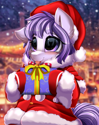 Size: 2550x3209 | Tagged: safe, artist:pridark, part of a set, oc, oc only, oc:mio (higglytownhero), earth pony, pony, :p, adorable face, blushing, bust, christmas, clothes, commission, costume, cute, earth pony oc, hat, high res, holding, holiday, portrait, present, santa costume, santa hat, snow, snowfall, solo, tongue out, ych result