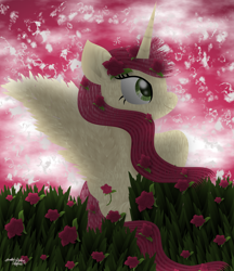 Size: 2100x2432 | Tagged: safe, artist:php178, derpibooru exclusive, roseluck, alicorn, pony, g4, .svg available, alicornified, anastasis, ascension, beautiful, captivating, colorful, ethereal mane, ethereal tail, feather, female, flower, flower field, flower in hair, flowing hair, flowing mane, flowing tail, fur, garden, garden of delights, glowing, grass, grass field, hair, high res, horn, inkscape, lineless, looking up, loose hair, nc-tv signature, pink, pink sky, race swap, raised hoof, red, rose, rosecorn, royalty, shading, sky, solo, spread wings, svg, tail, vector, wings