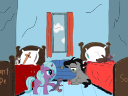 Size: 2048x1536 | Tagged: safe, artist:chanyhuman, idw, king sombra, radiant hope, crystal pony, pony, unicorn, g4, bed, bedroom, coed, colt, cute, deviantart, female, filly, foal, male, playing, roommates, toy, window