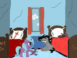 Size: 2048x1536 | Tagged: safe, artist:chanyhuman, idw, king sombra, radiant hope, crystal pony, pony, unicorn, g4, bed, bedroom, coed, colt, cute, female, filly, foal, male, playing, roommates, toy, window