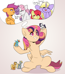 Size: 1500x1715 | Tagged: safe, artist:pledus, applejack, derpy hooves, rainbow dash, rarity, oc, oc:princess young heart, alicorn, earth pony, pegasus, pony, unicorn, g4, alicorn oc, alicorn princess, commissioner:bigonionbean, cute, cutie mark, dialogue, female, figurine, filly, fusion, fusion:apple bloom, fusion:dinky hooves, fusion:scootaloo, fusion:sweetie belle, horn, mare, playing, playing with toys, ponies playing with ponies, royalty, thought bubble, toy, wings, writer:bigonionbean