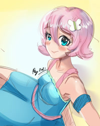 Size: 1600x2008 | Tagged: safe, artist:love2eategg, fluttershy, butterfly, human, equestria girls, equestria girls series, alternate hairstyle, blushing, clothes, cute, cutie mark accessory, dress, female, humanized, looking at you, short hair, shyabetes, solo