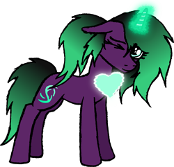 Size: 2169x2089 | Tagged: safe, artist:duskendraws, derpibooru exclusive, oc, oc only, oc:iota spark, pony, unicorn, 2022 community collab, derpibooru community collaboration, female, heart, high res, horn, magic, mare, one eye closed, ponytail, simple background, smiling, solo, transparent background, unicorn oc, wink