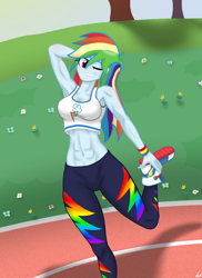Size: 1280x1754 | Tagged: safe, artist:lennondash, rainbow dash, human, equestria girls, equestria girls series, g4, abs, arm behind head, athletic, biceps, breasts, clothes, converse, female, fit, flexing, grin, leggings, muscles, muscular female, one eye closed, pants, rainbuff dash, raised leg, running track, shoes, slender, smiling, sneakers, solo, sports bra, standing, standing on one leg, stretching, sweatpants, teenager, thin, tomboy, wink