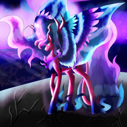 Size: 5800x5800 | Tagged: safe, artist:florarena-kitasatina/dragonborne fox, oc, oc only, oc:auroral amnity, alicorn, pony, absurd resolution, alicorn oc, aurora borealis, colored wings, cracked ground, dat mane, horn, joke oc, multicolored wings, ow the edge, raised leg, signature, solo, unshorn fetlocks, watermark, why, wings, wtf