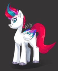 Size: 594x733 | Tagged: safe, artist:sonyager, zipp storm, pegasus, pony, g5, my little pony: a new generation, black background, eyebrows, female, folded wings, looking at you, mare, multicolored mane, shorn fetlocks, signature, simple background, smiling, solo, standing, wings