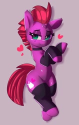 Size: 1685x2673 | Tagged: safe, artist:pabbley, fizzlepop berrytwist, tempest shadow, pony, unicorn, g4, 1 hour art challenge, arm warmers, bedroom eyes, choker, clothes, female, floating heart, heart, leg warmers, mare, smiling, solo, wide hips