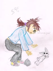 Size: 958x1280 | Tagged: safe, artist:sabertooth1980, angel bunny, human, rabbit, g4, animal, clothes, glasses, human male, human to pony, male, male to female, open mouth, pants, ponytail, rock, rule 63, shirt, shoes, tongue out, traditional art, transformation, transformation sequence, transgender transformation, tripping