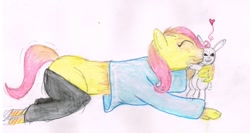 Size: 1280x679 | Tagged: safe, artist:sabertooth1980, angel bunny, fluttershy, human, pony, rabbit, g4, animal, clothes, evil smile, eyes closed, floating heart, grin, heart, human to pony, kissing, male to female, pants, rule 63, shirt, smiling, socks, traditional art, transformation, transformation sequence, transgender transformation