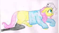 Size: 1280x712 | Tagged: safe, artist:sabertooth1980, angel bunny, fluttershy, pony, rabbit, g4, animal, clothes, female, floppy ears, human to pony, male to female, mare, missing cutie mark, pants, question mark, rule 63, shirt, traditional art, transformation, transformation sequence, transgender transformation