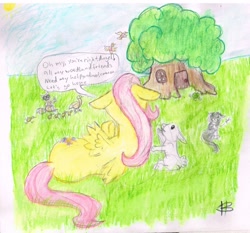 Size: 1280x1192 | Tagged: safe, artist:sabertooth1980, angel bunny, fluttershy, bird, cat, duck, pegasus, pony, rabbit, raccoon, g4, animal, colored pencil drawing, dialogue, female, fluttershy's cottage, human to pony, lying down, male to female, mare, on side, rear view, rule 63, speech bubble, traditional art, transformation, transformation sequence, transgender transformation