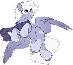 Size: 1563x1401 | Tagged: safe, artist:crimmharmony, oc, oc only, oc:nimbus bolt, pegasus, pony, clothes, coat markings, eye clipping through hair, eyebrows, eyebrows visible through hair, flying, looking away, male, pegasus oc, scarf, simple background, socks (coat markings), solo, spread wings, stallion, transparent background, unshorn fetlocks, wings