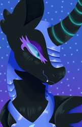 Size: 3300x5100 | Tagged: safe, artist:skrillydragonlady, nightmare moon, alicorn, pony, g4, blue background, blue eyes, blue mane, colored pupils, curved horn, ethereal mane, evil smile, eyelashes, female, flowing mane, folded wings, grin, helmet, horn, simple background, smiling, solo, starry mane, stars, wings