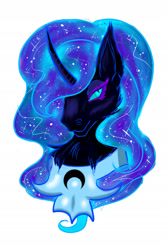 Size: 1280x1920 | Tagged: safe, artist:lunaestelar, nightmare moon, alicorn, pony, g4, blue eyes, blue mane, bust, chest fluff, colored pupils, curved horn, ear fluff, ethereal mane, eyelashes, female, horn, lidded eyes, simple background, solo, starry mane, stars, white background