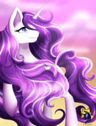 Size: 2142x2801 | Tagged: safe, artist:calamity-studios, oc, oc only, pony, unicorn, blue eyes, digital art, eyelashes, female, flowing mane, high res, horn, logo, mare, purple mane, purple tail, raised hoof, sky, smiling, solo, sunlight, tail, teeth