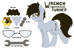 Size: 2600x1730 | Tagged: safe, artist:ponynamedmixtape, oc, oc only, oc:wrench turner, earth pony, pony, color palette, cutie mark, glasses, male, reference sheet, simple background, solo, transparent background