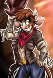 Size: 824x1200 | Tagged: safe, artist:thescornfulreptilian, arizona (tfh), cow, anthro, them's fightin' herds, clothes, community related, solo