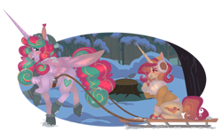 Size: 1280x810 | Tagged: safe, artist:joburii, princess flurry heart, oc, oc:christened rose, pony, unicorn, g4, clothes, duo, female, forest, mare, offspring, older, parent:donut joe, parent:fleur-de-lis, simple background, sled, snow, socks, transparent background, tree stump, winter cap