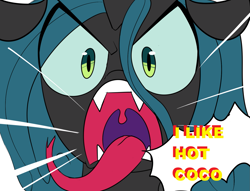 Size: 1601x1225 | Tagged: safe, artist:icey, edit, queen chrysalis, changeling, g4, chocolate, fangs, female, food, hot chocolate, long tongue, open mouth, tongue out