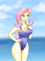 Size: 1400x1900 | Tagged: safe, artist:zachc, fluttershy, human, equestria girls, g4, blushing, breasts, busty fluttershy, cleavage, clothes, female, hand on hip, looking away, one-piece swimsuit, open mouth, solo, swimsuit