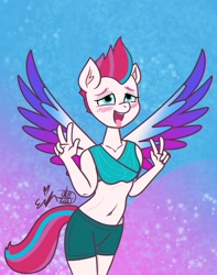 Size: 1587x2012 | Tagged: safe, alternate version, artist:erynerikard, zipp storm, pegasus, anthro, g5, my little pony: a new generation, ahegao, belly button, blushing, breasts, female, open mouth, solo, spread wings, tongue out, wingboner, wings