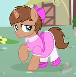Size: 612x620 | Tagged: safe, artist:amgiwolf, oc, oc only, oc:heroic armour, pony, unicorn, bow, clothes, colt, crossdressing, dress, hair bow, male, mary janes, nervous, ponyville, ribbon, shoes, sissy, socks, solo, thigh highs, walking