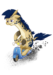 Size: 2480x3508 | Tagged: safe, artist:khaki-cap, oc, oc only, oc:procerus, giraffe, bored, commission, digital art, dirt, driving, fast, funny, giraffe oc, grumpy, high res, long neck, raffle, scooter, signature, simple background, solo, transparent background, twitter link, vespa, ych result