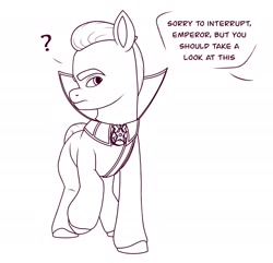 Size: 2125x2048 | Tagged: safe, artist:dancingkinfiend, sprout cloverleaf, earth pony, pony, g5, my little pony: a new generation, belt, black and white, clothes, comic, conversation, doodle, emperor sprout, grayscale, high res, lineart, male, manipulation, monochrome, sheriff, sheriff's badge, sketch, solo, stallion, text, uniform