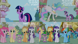 Size: 1280x720 | Tagged: safe, edit, edited screencap, editor:quoterific, screencap, applejack, blue october, blueberry muffin, bon bon, doctor whooves, fluttershy, meadow song, pinkie pie, princess celestia, rainbow dash, rarity, spike, spring melody, sprinkle medley, sweetie drops, time turner, twilight sparkle, alicorn, dragon, earth pony, pegasus, pony, unicorn, friendship is magic, g4, season 1, :o, applejack's hat, cowboy hat, eyes closed, female, hat, male, mane seven, mane six, mare, open mouth, open smile, smiling, spread wings, unicorn twilight, wings