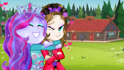 Size: 791x445 | Tagged: safe, artist:gihhbloonde, oc, oc only, oc:gihh bloonde, equestria girls, g4, base used, building, clothes, crossed arms, duo, eyelashes, female, floral head wreath, flower, grin, hug, makeup, one eye closed, outdoors, smiling, wink