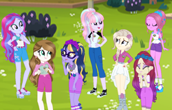 Size: 900x576 | Tagged: safe, artist:gihhbloonde, oc, oc only, oc:condensed milk, oc:gihh bloonde, oc:music melody, oc:sci bella, equestria girls, g4, base used, clothes, eyelashes, female, group, makeup, smiling, solo