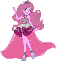 Size: 2355x2547 | Tagged: safe, artist:gihhbloonde, oc, oc only, oc:music melody, equestria girls, g4, barbie, barbie rock n royals, base used, clothes, crown, dress, ethereal mane, eyelashes, female, high heels, high res, jewelry, pink dress, pink hair, ponied up, princess, regalia, shoes, simple background, singer, smiling, solo, sparkles, starry mane, tiara, transparent background, waving